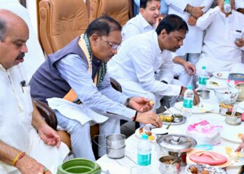 मुख्यमंत्री विष्णुदेव साय ने भाजपा कार्यकर्ताओं को खिलाई भजिया और पताल की चटनी