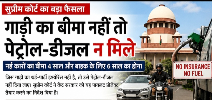 सुप्रीम कोर्ट का बड़ा निर्देश: बिना बीमा वाले वाहनों को पेट्रोल-डीजल देने पर लगेगी रोक, केंद्र को पायलट प्रोजेक्ट तैयार करने के निर्देश