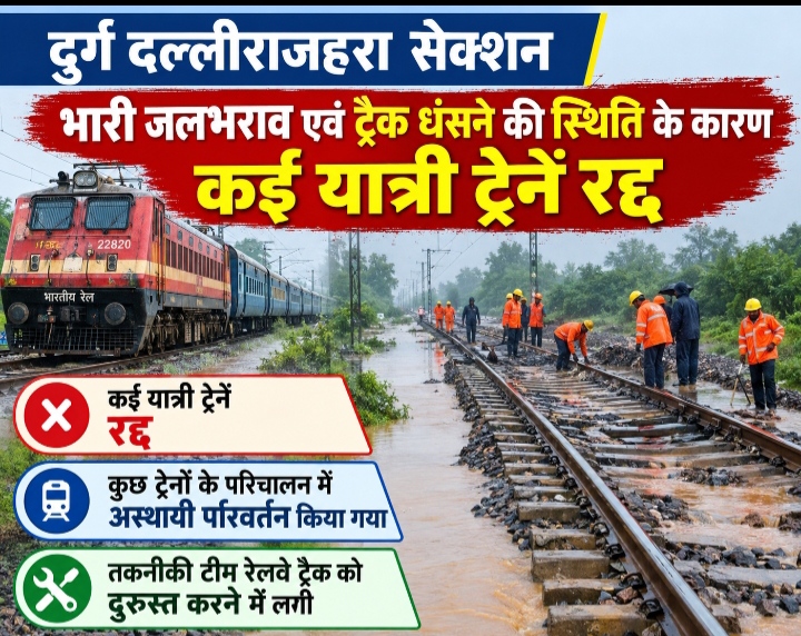 भारी जलभराव एवं ट्रैक धंसने की स्थिति के कारण कई यात्री ट्रेन रद्द